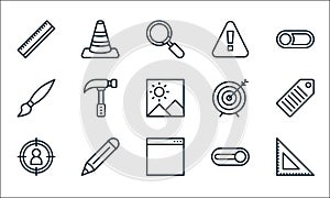 Miscellaneous line icons. linear set. quality vector line set such as ruler, browser, target, switch on, pencil, painting, target