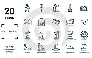 miscellaneous linear icon set. includes thin line refugee, fun glasses, enlist, catapult, thinking solutions, horseshoes, 100