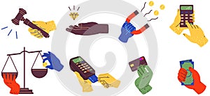 Miscellaneous money, business and justice symbols. Big set of colorful hands holding stuff
