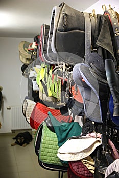 Miscellaneous tack in a stable barn tack room