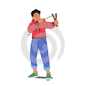 Mischievous Boy Wreaking Havoc With Slingshot, Causing Mischief And Chaos With His Unruly Antics, Vector Illustration