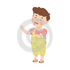 Mischievous cute little boy. Brown haired boy dressed jumpsuit sticking out tongue and teasing cartoon vector