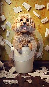 Mischievous dog chewed and scattered toilet paper