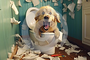 Mischievous dog chewed and scattered toilet paper