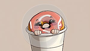 Mischievous donut character hiding inside a takeout coffee cup, peeking out with a playful smirk and tiny sugar cube sidekicks 1 photo