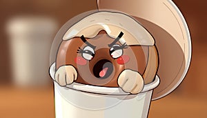 Mischievous donut character hiding inside a takeout coffee cup, peeking out with a playful smirk and tiny sugar cube sidekicks photo