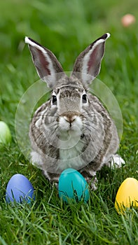 Mischievous Easter Bunny caught in the act of hiding colorful eggs