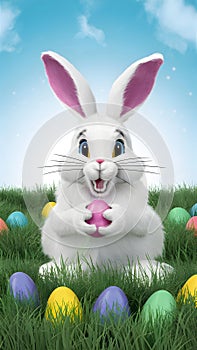 Mischievous Easter Bunny caught in the act of hiding colorful eggs