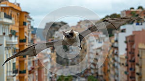 A mischievous feline soars gracefully through the night sky over a bustling city, its fur ruffling in the wind as it