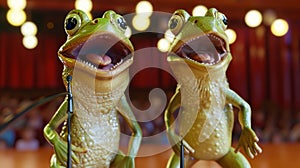 A mischievous frog sneaks up behind his rival on stage and lets out a loud obnoxious belch causing his competitors croak
