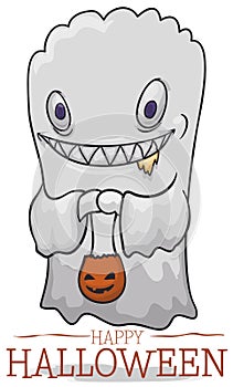 Mischievous Ghost Ready for Candy Recollection, Vector Illustration