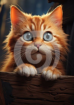Mischievous Ginger Kitten: A Whimsical Portrait on a Wooden Benc