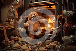 A mischievous gingerbread person who escapes the oven, AI Generated