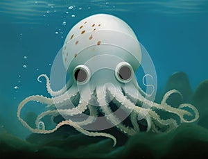 A mischievous little kraken with an impish smirk playing in the depths of the sea Cute creature. AI generation