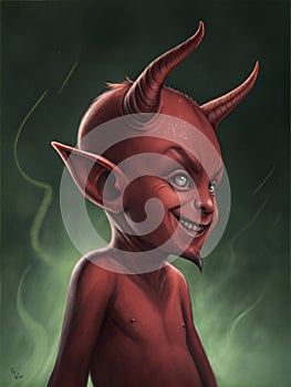 A mischievous red devil character in cartoon art style. AI Generated.