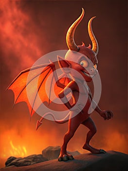 A mischievous red devil character in cartton art style. AI Generated.