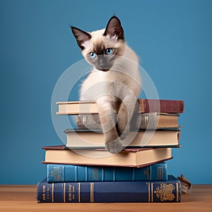 Mischievous Siamese Kitten Playing with Books