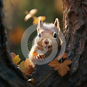 A mischievous squirrel peeking out from behind a tree trunk, holding an acorn in its tiny paws by AI generated