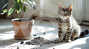 Mischievous tabby cat caught after tipping a plant pot, surrounded by scattered soil and a sunlit room. Concept of pet