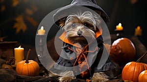 A mischievous terrier wearing a halloween-inspired hat made of pumpkin grins happily