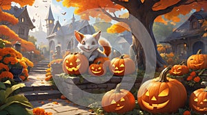 A mischievously grinning Jack-o\'-lantern is nestled among colorful autumn leaves and bright orange marigolds in a cozy photo