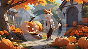 A mischievously grinning Jack-o\'-lantern is nestled among colorful autumn leaves and bright orange marigolds in a cozy photo