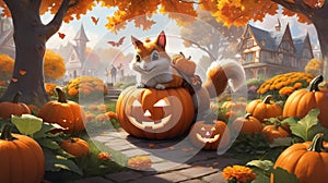 A mischievously grinning Jack-o\'-lantern is nestled among colorful autumn leaves and bright orange marigolds in a cozy photo