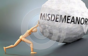 Misdemeanor and painful human condition, pictured as a wooden human figure pushing heavy weight to show how hard it can be to deal