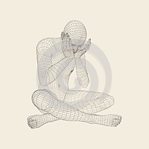 Miserable Depressed Man Sitting and Thinking. Man in a Thinker Pose. 3D Model of Man. Vector Illustration