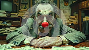 Miserly millionaire in his office with a clown nose.