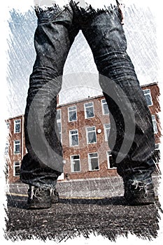 Misfit young man with scattered legs standing in front of a building. Charcoal illustration