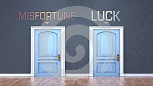 Misfortune and luck as a choice - pictured as words Misfortune, luck on doors to show that Misfortune and luck are opposite