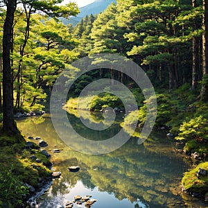 Mishakaike Pond, a beautiful summer landscape in the mountains lake among pine forests Tree reflections in the water