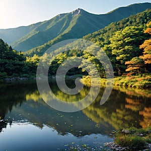 Mishakaike Pond, a beautiful summer landscape in the mountains lake among pine forests Tree reflections in the water