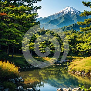 Mishakaike Pond, a beautiful summer landscape in the mountains lake among pine forests Tree reflections in the water