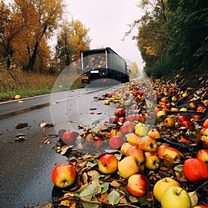 mishap has occurred on a country lane, where a truck laden with apples has tipped, spilling its cargo onto the road.