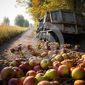 A mishap has occurred on a country lane, where a truck laden with apples has tipped, spilling its cargo onto the road.