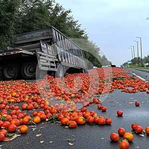 Mishap has occurred on country lane, where truck laden with tomatoes has tipped, spilling its cargo onto the road