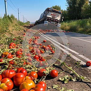 Mishap has occurred on country lane, where truck laden with tomatoes has tipped, spilling its cargo onto the road.