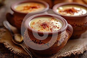 Mishti Doi, Traditional Bengali Food, Sweet Creamy Yogurt Dessert with Caramelized Sugar in Clay Pots