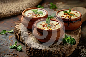 Mishti Doi, Traditional Bengali Food, Sweet Creamy Yogurt Dessert with Caramelized Sugar in Clay Pots