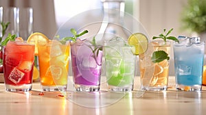 Mismatched glasses filled with colorful mocktails each with its own unique flavor photo