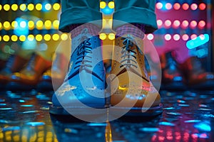 Mismatched shoes in neon light setting photo