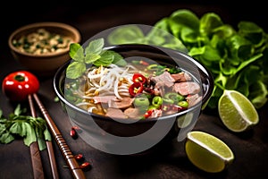 asian food vegetable soup bowl meal background noodle epicure hot japanese. Generative AI. photo