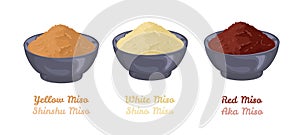 Miso paste in bowls isolated on white background set. White shiro Miso, Yellow shinshu  Miso, Red aka Miso.