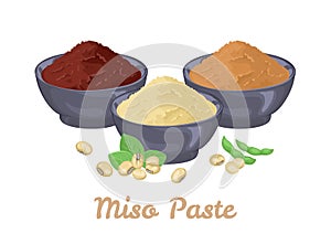 Miso paste in dark bowls and soybeans isolated on white background. Vector illustration of japanese food in cartoon flat style.