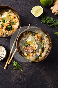 Miso Ramen Asian noodles soup with tempeh or tempe  in a bowl. Health food for healthy eating for vegans & vegetarians