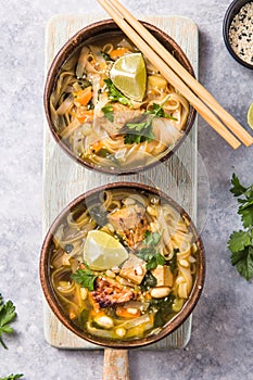 Miso Ramen Asian noodles soup with tempeh or tempe  in a bowl. Health food for healthy eating for vegans & vegetarians