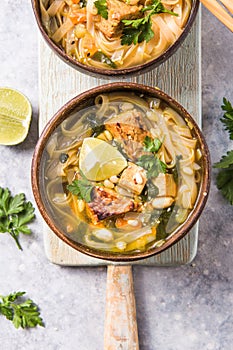 Miso Ramen Asian noodles soup with tempeh or tempe  in a bowl. Health food for healthy eating for vegans & vegetarians