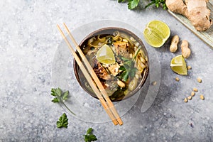 Miso Ramen Asian noodles soup with tempeh or tempe  in a bowl. Health food for healthy eating for vegans & vegetarians . Asian